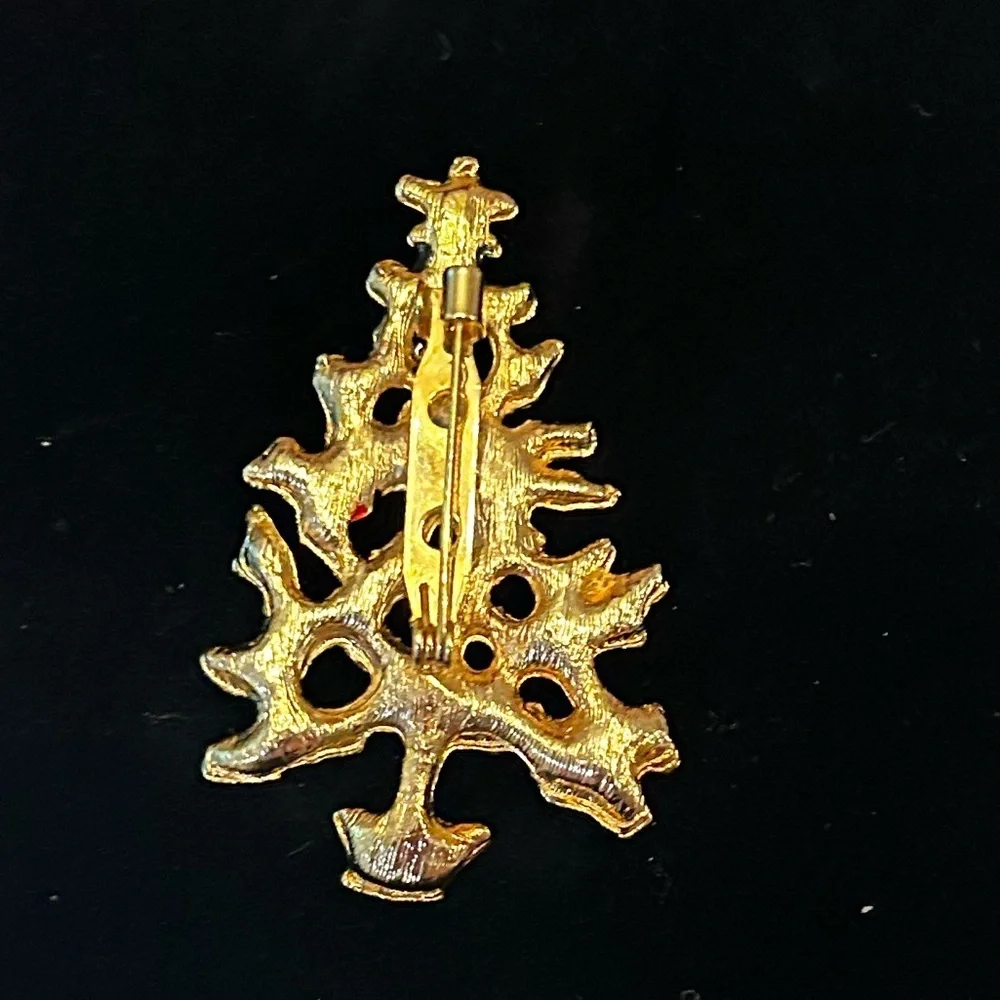 Gold Christmas Tree Brooch with Red and‎ Green Accents